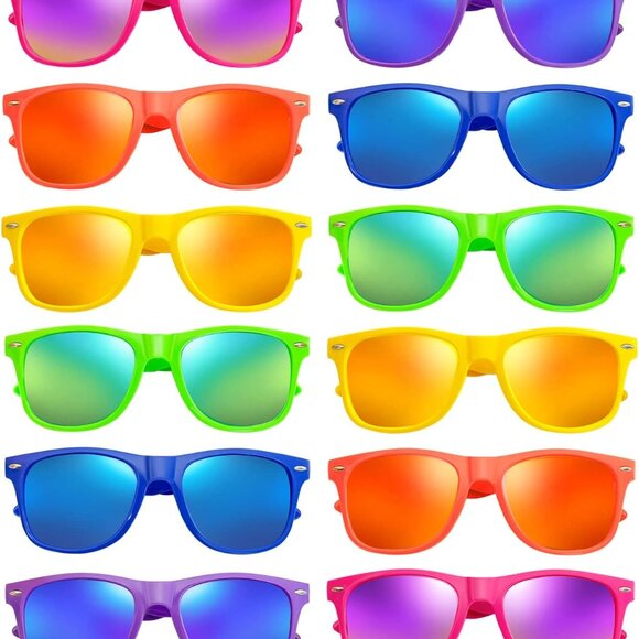 Neon Party Sunglasses Bulk Mirrored Jelly Lens Horn Rimmed Unisex Eyewear - Picture 1 of 7